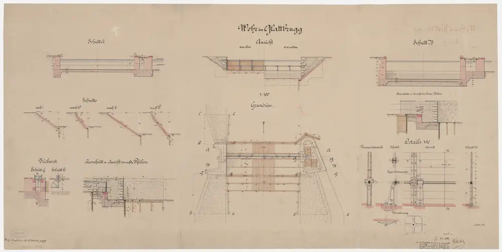 Opfikon: Wehranlage in Glattbrugg samt Treibwerk und Pfeilern, 1877/1878 ausgeführtes Projekt; Grundriss, Ansicht, Querschnitt und Schnitte