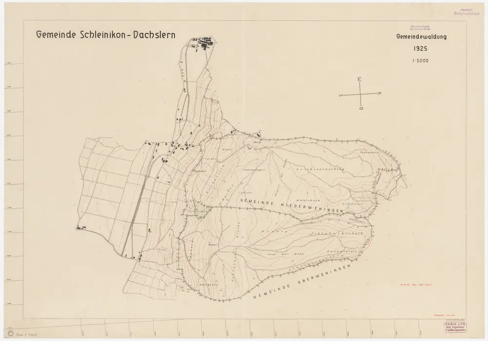 Schleinikon: Gemeindewaldungen Schleinikon, Dachsleren und Wasen: Egg mit Egghalden, Chalstorf (Kalstorf), Schliniker Platten (Schleiniker Platte), Neuweg, Uf der Höchi (Auf der Höhe), Schliniker Buck (Schleinikerbuck), Tannenplatz, Cholplatz (Kohlplatz); Grundriss