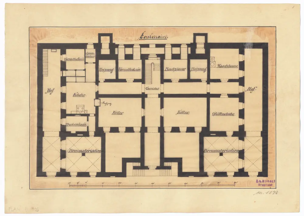 Blinden- und Taubstummenanstalt, Künstlergasse: Aufbau-Studie; Untergeschoss; Grundriss