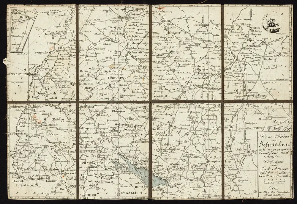 HStAS N 100_Nr. 397_ : "Reise-Karte von Schwaben mit angezeigten Chausseen und Strassen verfertigt von I. A. Amman Ulm im Verlag der Stettinischen Buchhandlung"