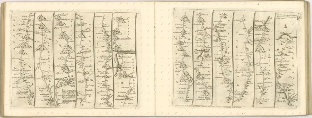 mapa z atlasu "The Roads through England delineated or, Ogilby ́s Survey, Revised, Improved, and Reduced to a Size portable for the Pocket By John Senex F, R, S. Being an Actual Survey of all the Principal Roads of England, And Wales, Distinctly laid down on one hundred "