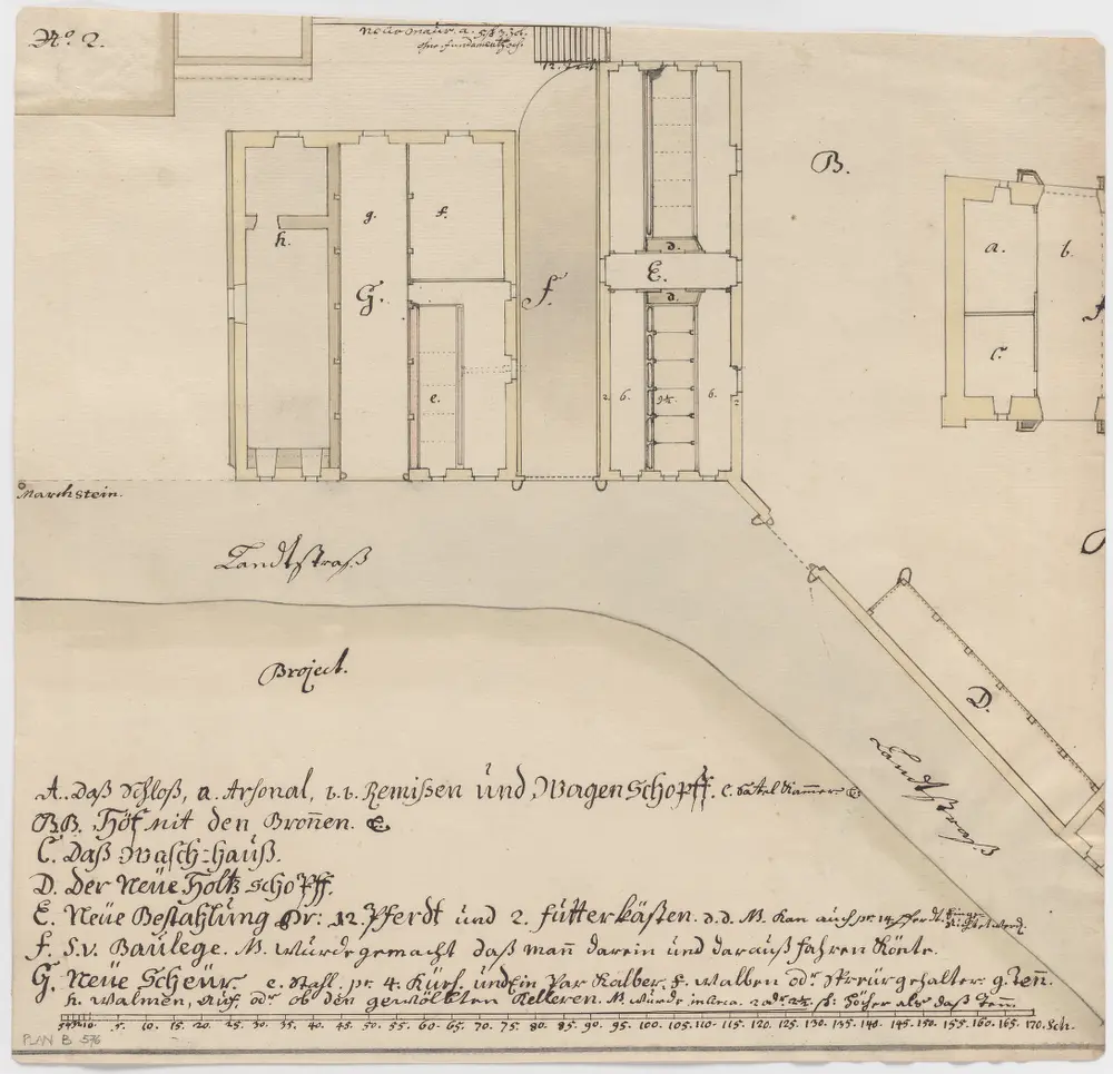 Andelfingen: Projektiertes Schloss, Stallungen und Scheune; Grundriss