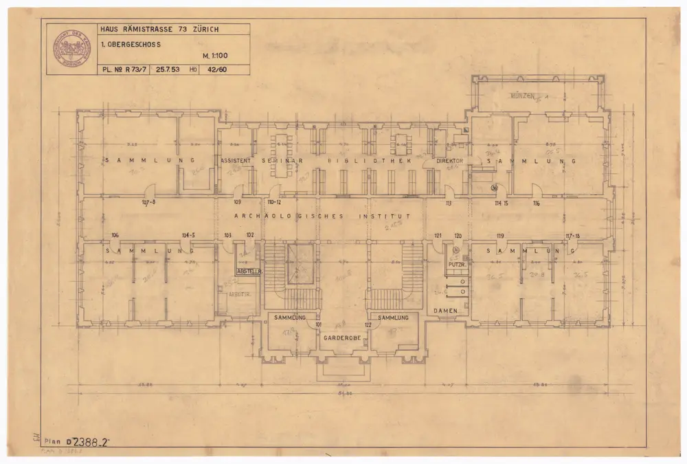 Archäologisches Institut, Rämistrasse 73: Grundrisse: 1. Stock; Grundriss