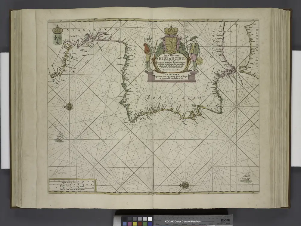 Paskaert van Spanjen, vertoonende de Kusten van Granade, Andaluzie, Algarve, Portugael, Galissen en Biscajen, met een gedeelte van Vranckrijck streckende van Heyssant tot de Straet van Gibralter.