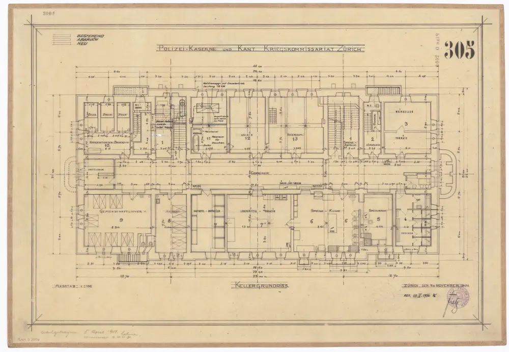 Polizeikaserne und kantonales Kriegskommissariat: Keller; Grundriss