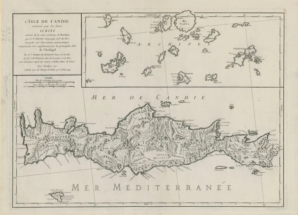 L'ISLE DE CANDIE nommée pars les Turcs ICRITi extraite de la carte venitienne de Boschini, par le S.r SANSON Géographe or. du Roi;