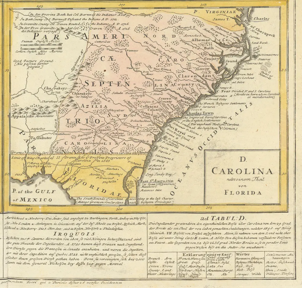 Dominia Anglorum in America Septentrionali [...] Die Gros-Britannische Colonie-Laender In Nord-America [...] D. Carolina nebst einem theil von Florida [Karte], in: [Atlas factice], S. 267.