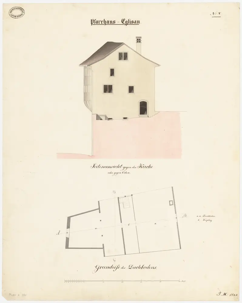 Eglisau: Pfarrhaus; Ostansicht und Grundriss des Dachgeschosses (Nr. 8)