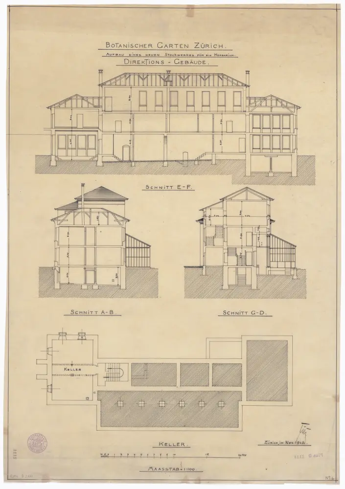 Botanischer Garten, Direktionsgebäude: Aufbau eines neuen Stockwerks für ein Herbarium; Schnitte und Kellergrundriss