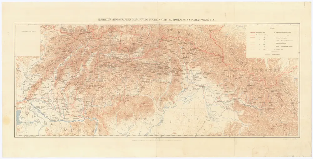 Přehledná hydrografická mapa povodí Dunaje a Visly na Slovensku a v Podkarpatské Rusi