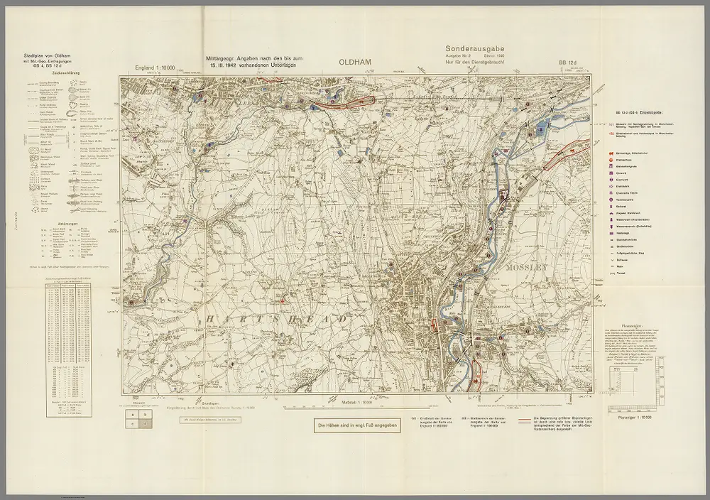 Street Map of Oldham, England with Military-Geographic Features.  BB 12d.