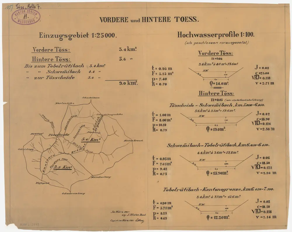 Goldingen SG, Wald, Fischenthal: Vordere und hintere Töss, Einzugsgebiet; Übersichtskarte und Querprofile