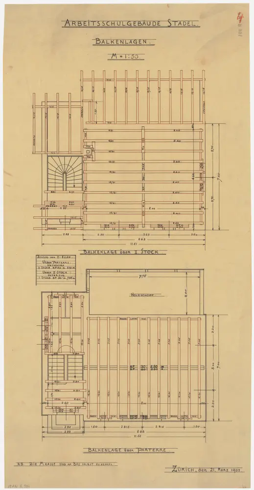 Stadel: Arbeitsschulgebäude, Balkenlage, Erdgeschoss und 1. Stock; Grundrisse (Nr. 4)