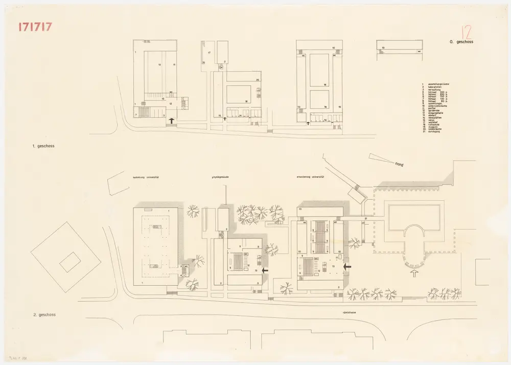 Zürich: Physikgebäude der Universität; Projekt 171717; 1. und 2. Obergeschoss; Grundrisse