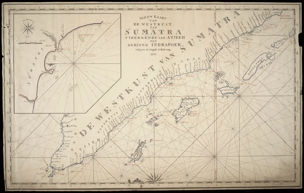 Nieuwe kaart van de Westkust van Sumatra, strekkende van Atjeh tot Oedjong Indrapoer. Getekend door J.T. Busscher. Manuscript.