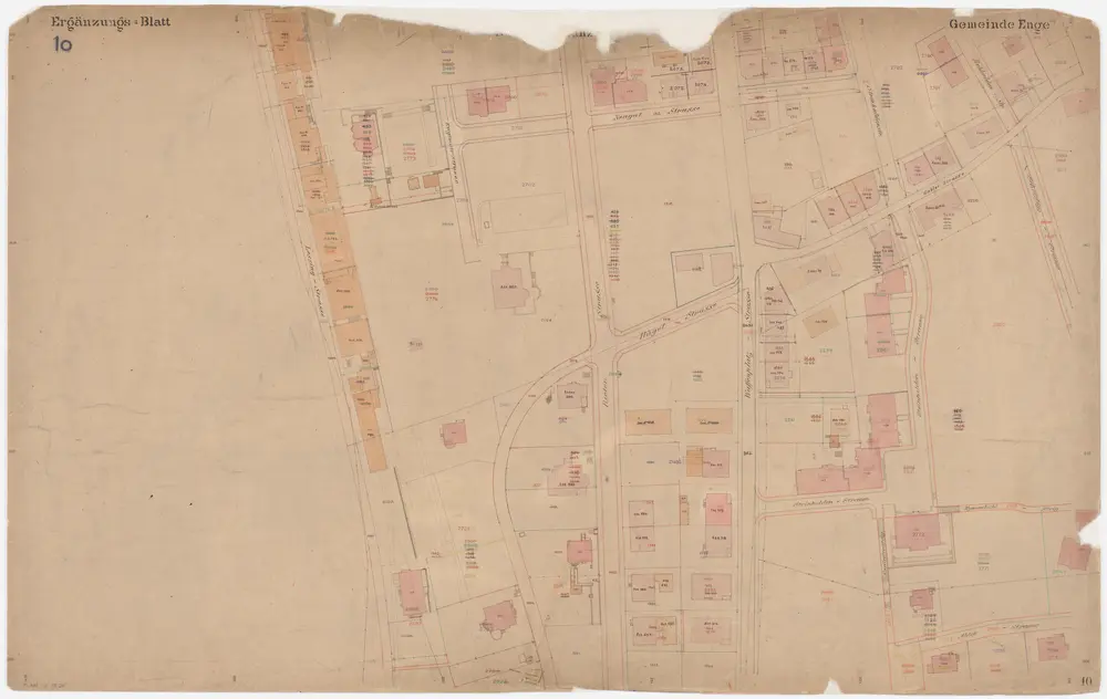 Enge: Gemeinde; Katasterpläne und Kataster-Ergänzungspläne: Ergänzungsblatt X: Gegend bei Lessingstrasse, Hügelstrasse, Rieterstrasse, Steinhaldenstrasse, Scheideggstrasse, Gablerstrasse und Sihl; Situationsplan