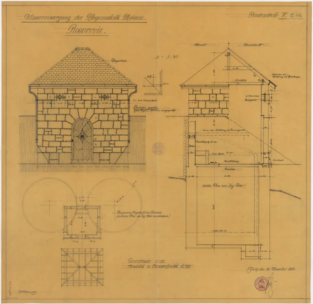 Pflegeanstalt Rheinau: Wasserversorgung, Reservoir; Ansicht, Grundrisse und Querschnitt