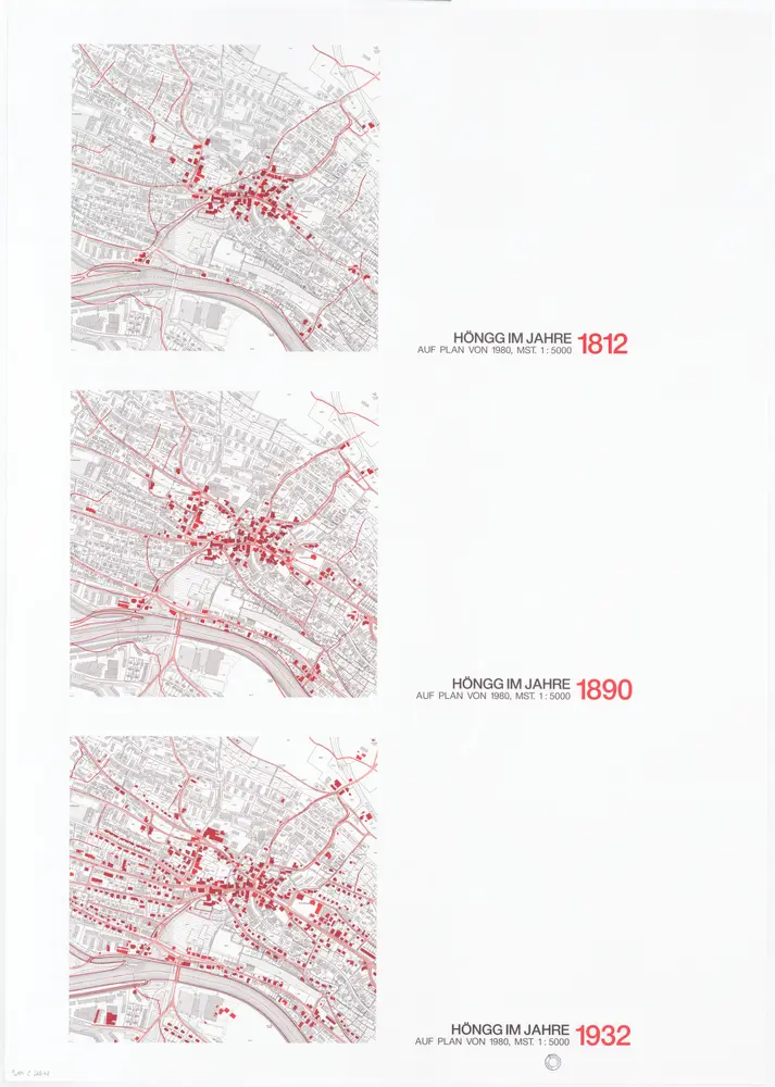 Historische Bauzustände der Zürcher Aussenquartiere in 48 Blättern: Höngg in den Jahren 1812, 1890 und 1932 auf Plänen von 1980; Übersichtspläne