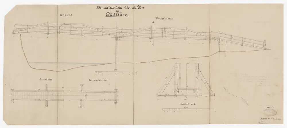 Dättlikon: Hölzerner Blindensteg über die Töss; Seitenansicht, Grundriss und Schnitte
