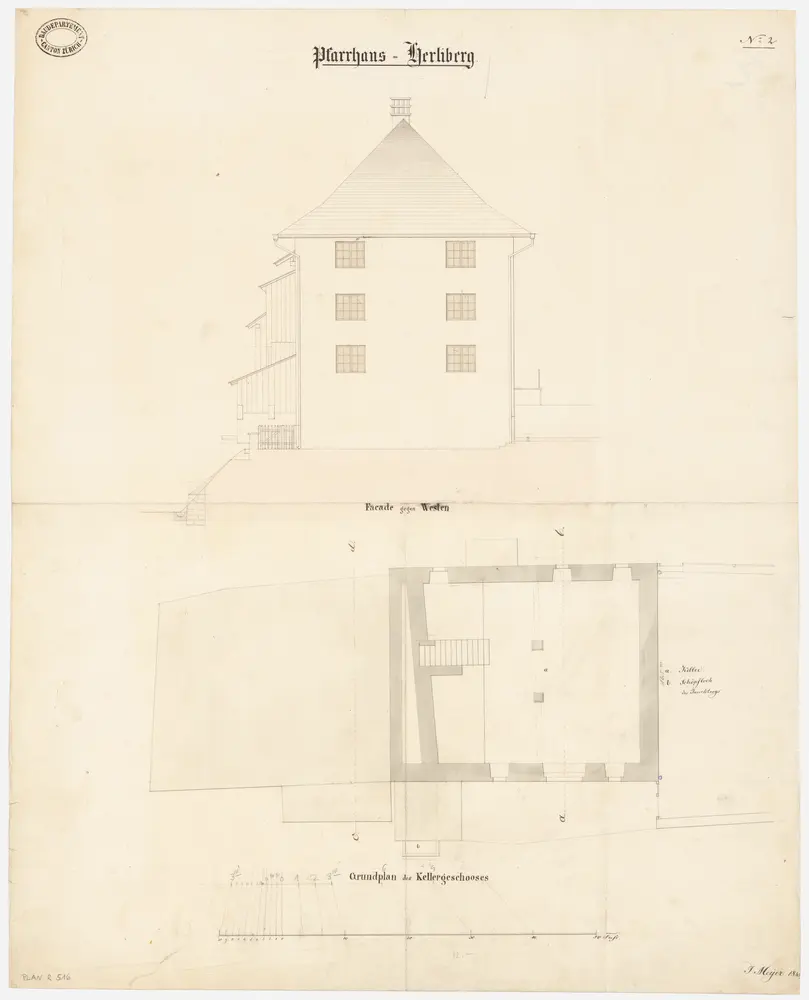 Herrliberg: Pfarrhaus; Westansicht und Grundriss des Kellers (Nr. 2)