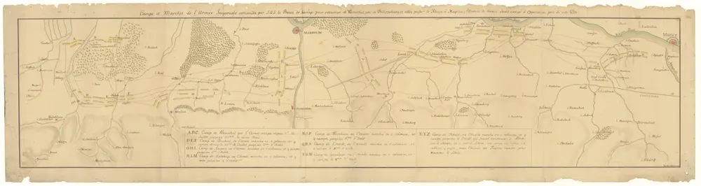 Camps et marches de l'armée imperiale com[m]andée par S.A.S. le prince de Savoye pour retourner de Wesenthal prés de Philippsbourg, et aller passer le Rhein a Mayence, l'armée de France étant campé a Oppenheim prés de céte ville