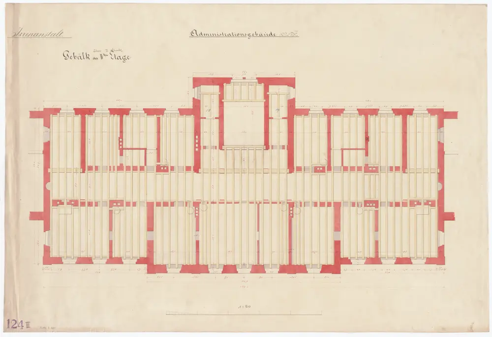 Irrenanstalt Burghölzli: Administrationsgebäude, 2. Stock, Holzgebälk; Grundriss