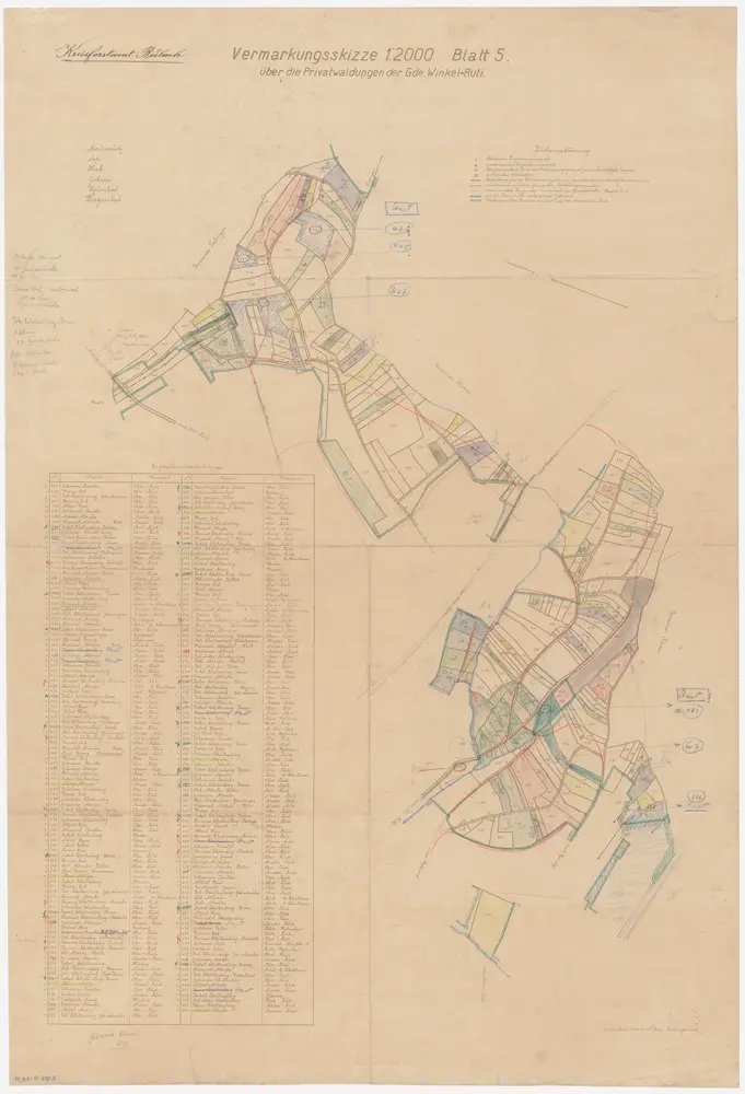 Winkel: Privatwaldungen: Vermarkungsskizze, Blatt 5: Malenrüti (Malerrüti), Asp, Hueb (Hub), Geeren (Gehren), Wilenhof (Wylenhof), Tegital (Diegental); Grundriss