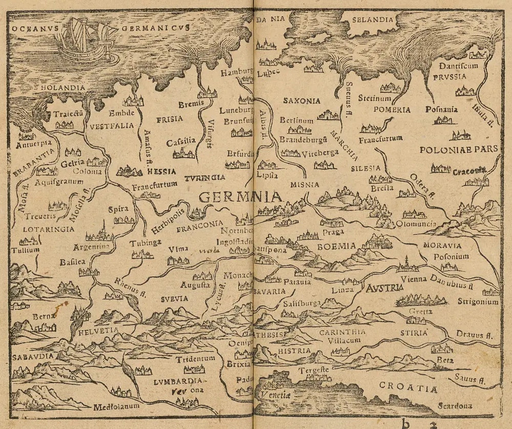 [Germania] [Karte], in: Rudimentorum Cosmographicorum Ioan. Honteri Coronensis libri III. cum tabellis Geographicis elegantissimis, S. 6.