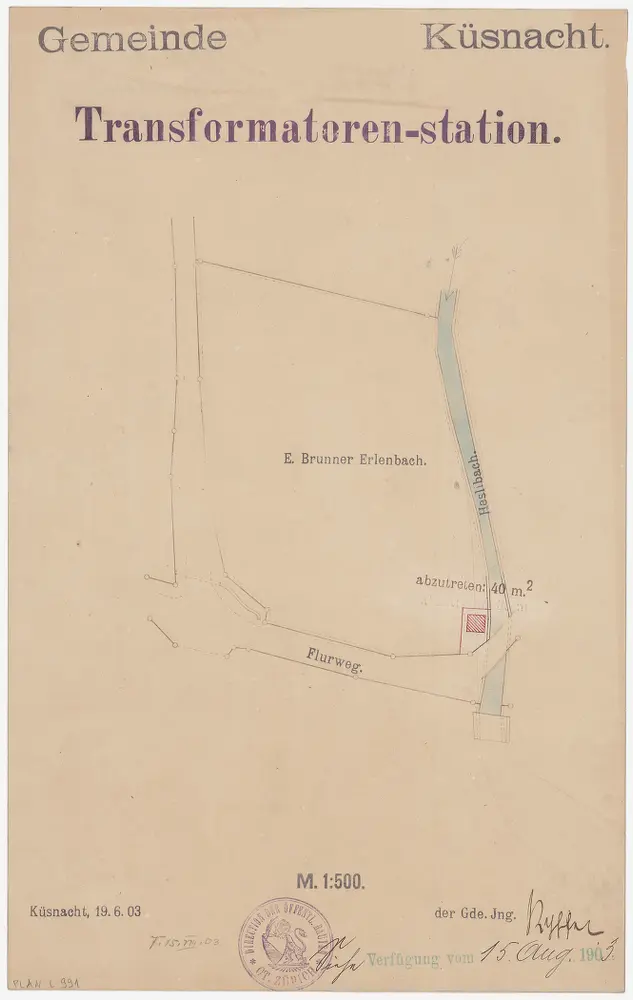 Küsnacht: Beim Flurweg, Heslibach und Transformatorenstation; Situationsplan