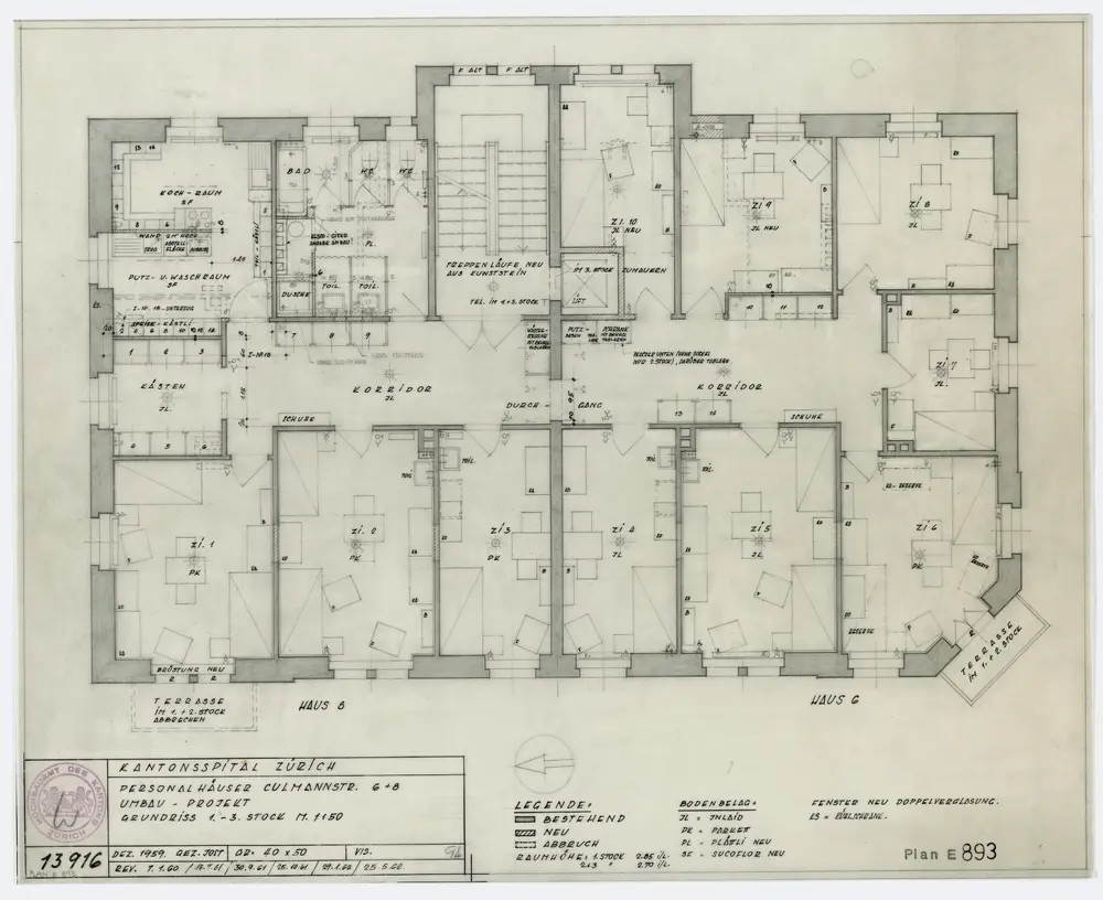 Zürich: Kantonsspital, Personalhäuser Culmannstrasse 6 und 8, Umbauprojekt, 1. bis 3. Stock; Grundriss