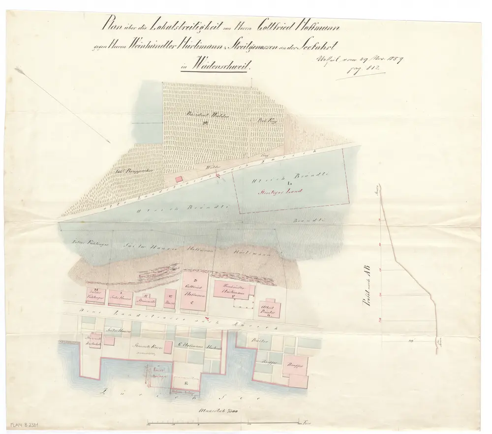 Wädenswil: Lokalstreitigkeit zwischen Gottfried Hoffmann einerseits und Weinhändler Hürlimann und Streitgenossen an der Seefahrt bezüglich eines Landstücks an der alten Landstrasse; Situationsplan und Profil