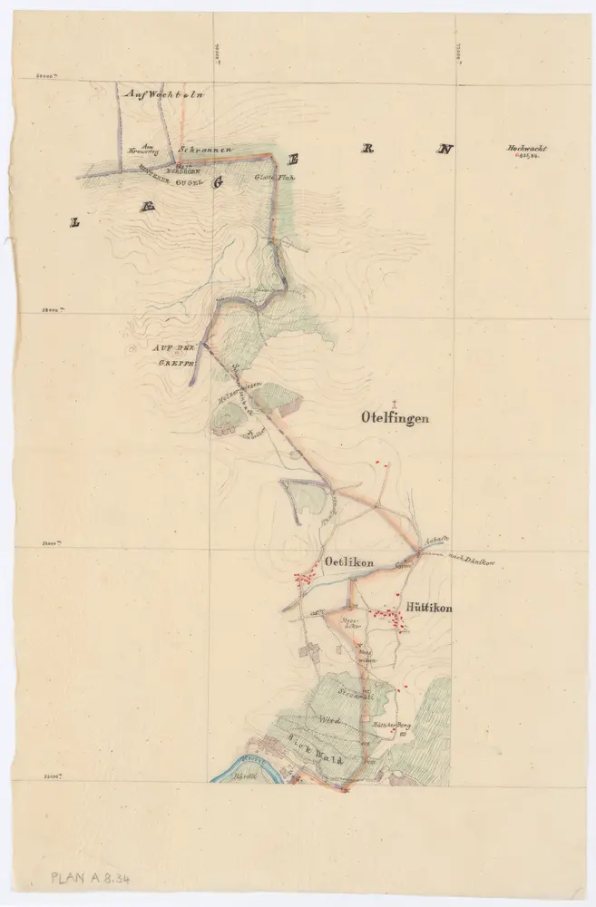 Vorlagen für die Topographische Karte des Kantons Zürich (Wild-Karte): Bezirk Dielsdorf: Kartenbild-Pause: Hüttikon, Oetlikon, Otelfingen und Umgebung