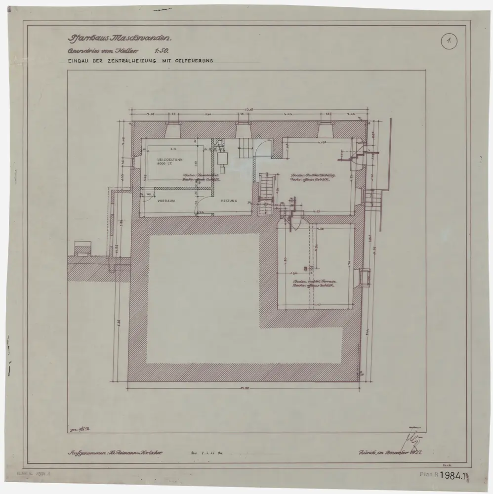 Maschwanden: Pfarrhaus, Einbau einer Zentralheizung mit Ölfeuerung: Keller; Grundriss (Nr. 1)