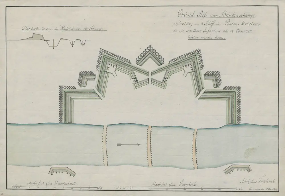 Grŭnd = riss einer brückenschanze zŭ deckŭng von 3 schiff = oder ponton = brücken, die mit 1200 mann infanterie ŭnd 12 canonen gefelzet werden kann.