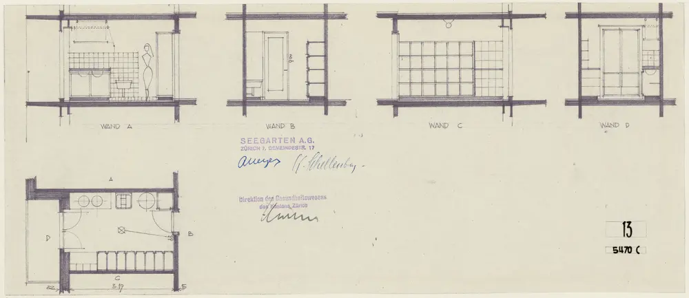 Zürich: Kantonsspital, Schwesternhaus an der Vogelsang-, Spyri- und Landoltstrasse: Wasch- und Putzraum; Ansichten und Grundriss