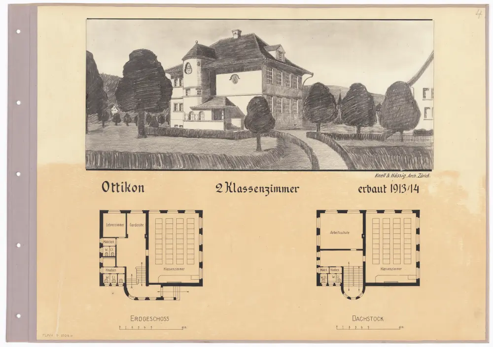 Schulhäuser des Kantons Zürich: Ottikon, Schulhaus; Grundrisse und Zeichnung des Gebäudes