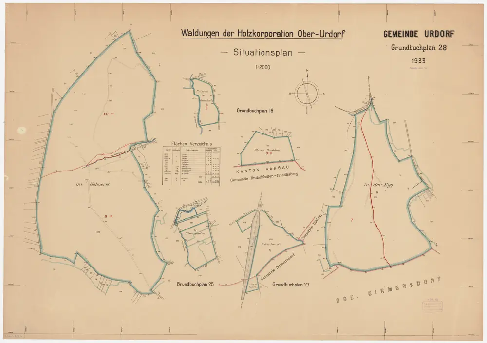 Urdorf: Genossenschaftswaldung Oberurdorf: Honeret (Hohneret), Unteres und Oberes Buechholz (Buchholz), In der Egg, Pflanzgarten, Chlihäuli (Kleinhäuli); Grundrisse