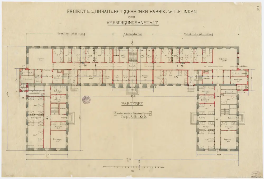 Wülflingen: Pflegeanstalt, Projekt für den Umbau der Beuggerschen Fabrik, Erdgeschoss; Grundriss