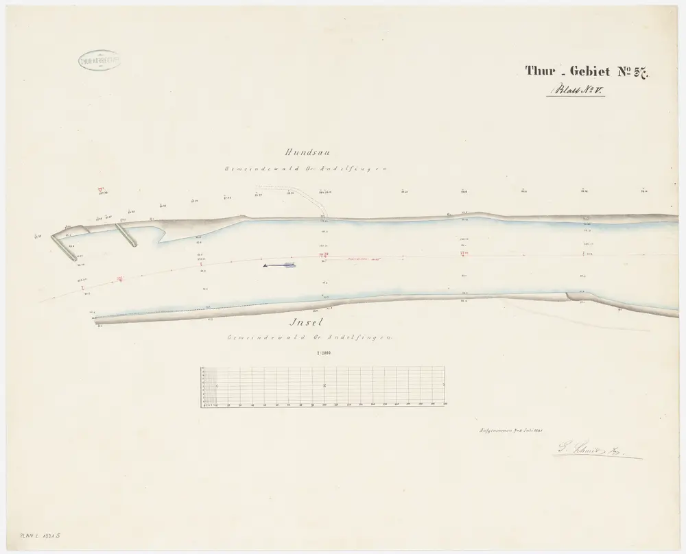 Andelfingen (damals Grossandelfingen), Kleinandelfingen, Flaach: Thur von oberhalb der Andelfinger Eisenbahnbrücke bis zur Einmündung in den Rhein, Thurkorrektion: Blatt V: Andelfingen (damals Grossandelfingen), Kleinandelfingen: Hundsau, Thurkorrektion; Situationsplan (Thur-Gebiet Nr. 57)