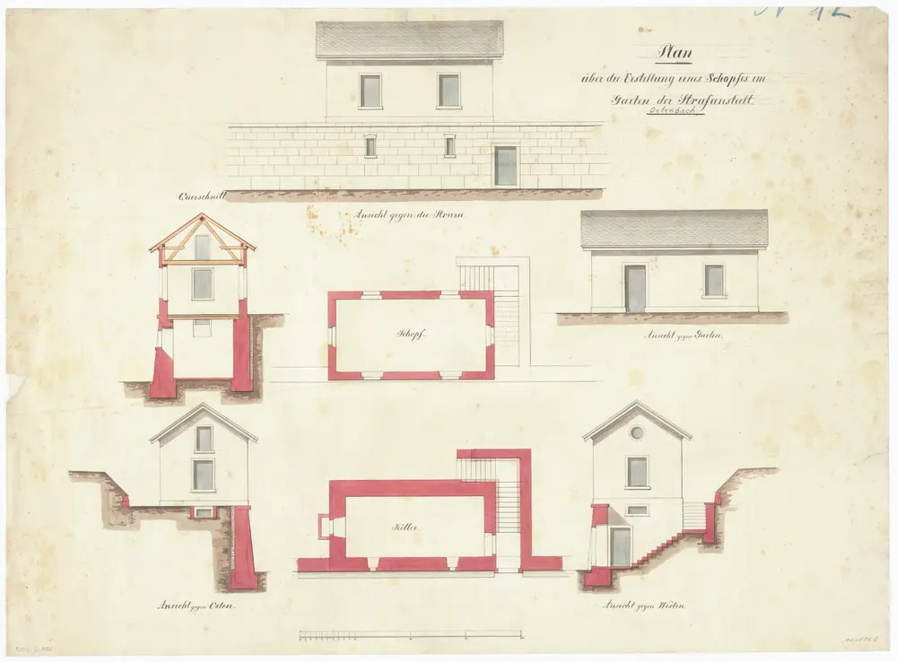 Kantonale Strafanstalt Oetenbach: Um- und Ausbau; Schuppen im Garten; Ansicht, Grundrisse und Querschnitt