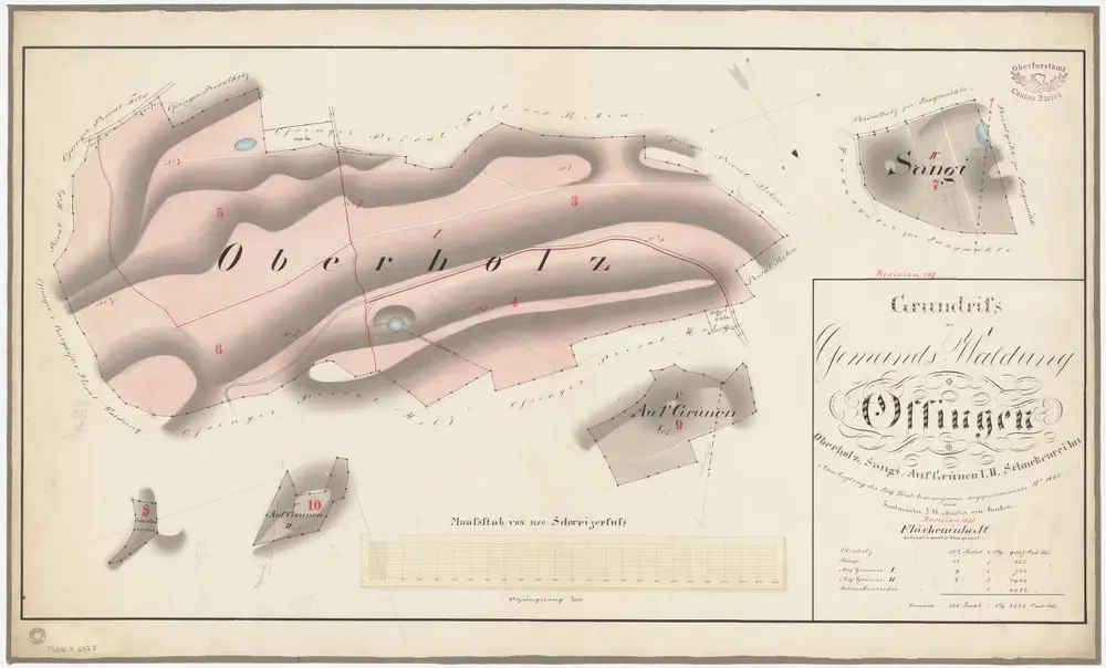 Ossingen: Gemeinde- und Staatswaldungen: Gemeindewaldungen Oberholz, Sangi, Grüenen (Grünen), Im Grüe, Schnäggenrain (Schneckenreihn); Grundrisse
