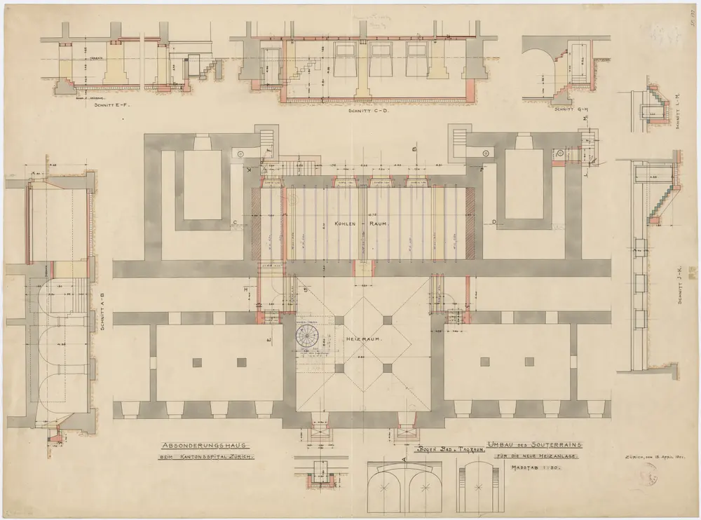 Zürich: Kantonsspital, Absonderungshaus, Umbau des Kellers für neue Heizanlage; Grundriss und Schnitte