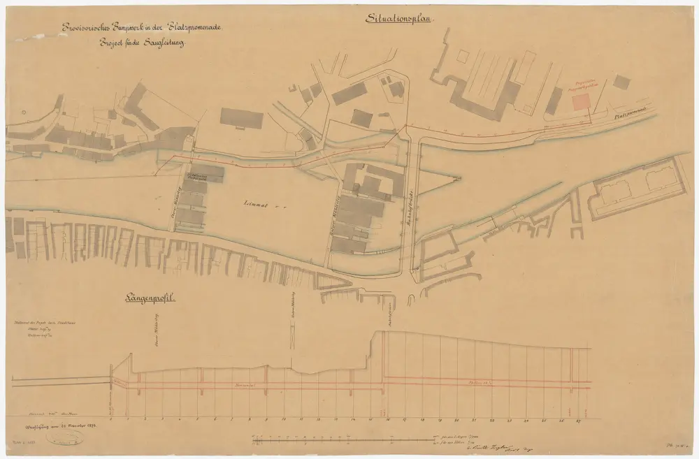 Zürich: Platzpromenade, provisorisches Pumpwerk, projektierte Saugleitung; Situationsplan und Längsprofil