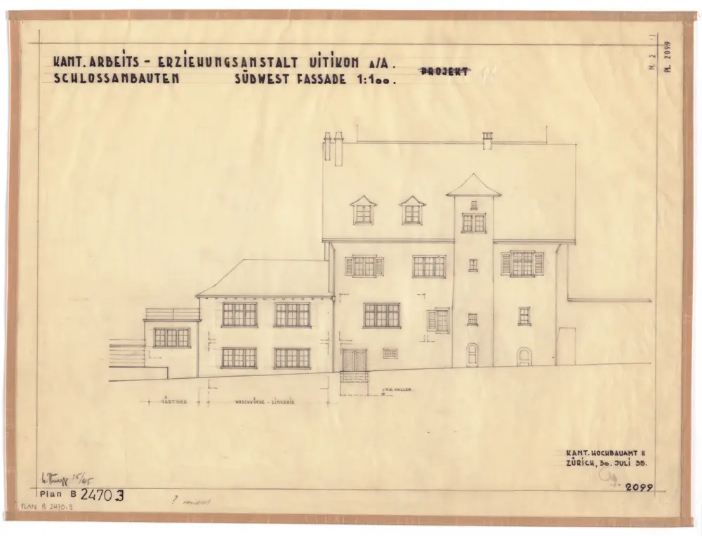 Uitikon: Arbeitserziehungsanstalt, Schlossanbau: Südwestfassade; Ansicht