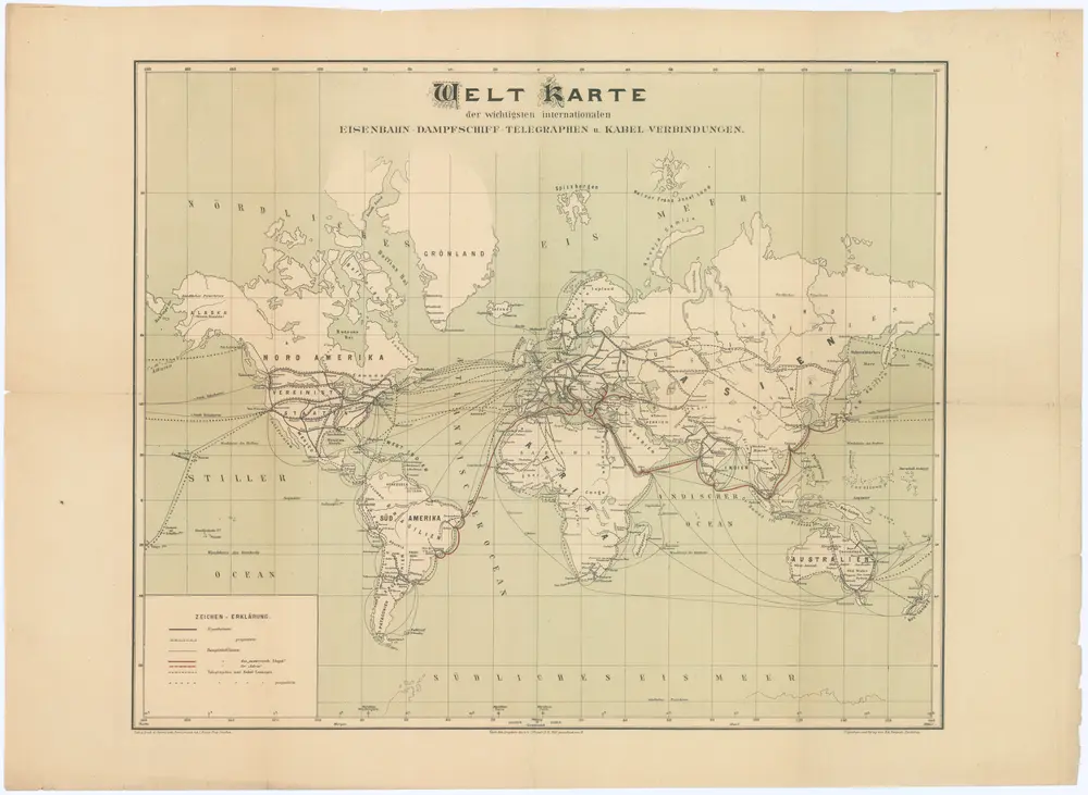 Welt-Karte der wichtigsten internationalen Eisenbahn-Dampfschiff-Telegraphen u.- Kabel-Verbindungen