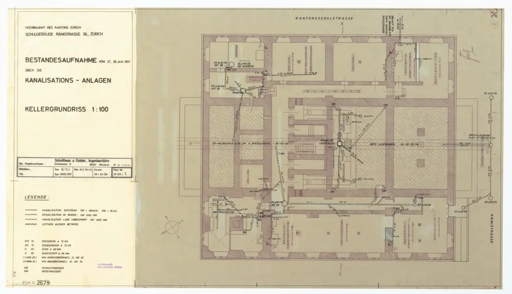 Realgymnasium, Rämistrasse 59: Bestandesaufnahme der Kanalisation, Kellergeschoss; Grundriss