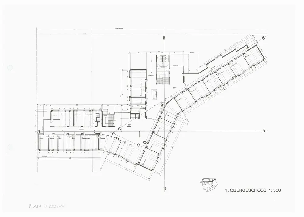 Kantonsschule Rämibühl: Ansichten, Grundrisse und Schnitte: Gymnasien: 1. Obergeschoss; Grundriss