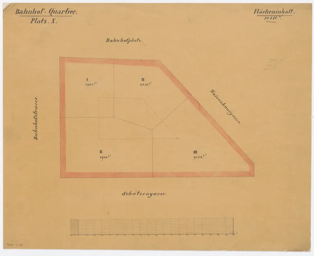 Bahnhofquartier, Bauabteilung 10, Gebäude an der Waisenhausgasse, Schützengasse, Bahnhofstrasse und am Bahnhofplatz: Einteilung der Bauplätze; Grundriss (Nr. 7)