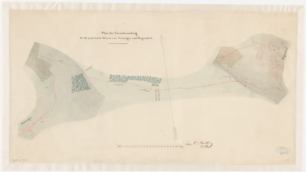 Weiningen, Regensdorf: Projektierte Strasse von Weiningen über im Berg, im Buchfink, im Langacker und im Vollenmoos bis Regensdorf; Übersichtsplan
