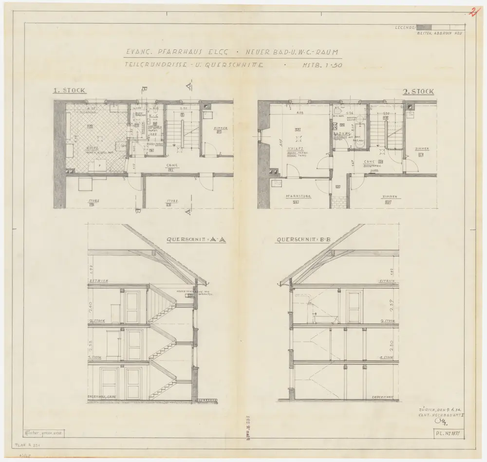 Elgg: Pfarrhaus, neues Bad und WC; Grundrisse des 1. und 2. Stock und Querschnitte (Nr. 2)